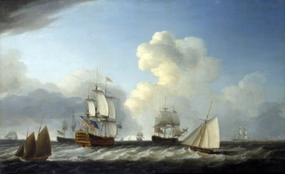 イギリス海軍の2等艦、98門の大砲を搭載した「セイント・ジョージ号」は、他の艦船を従えていた。 作： Dominic Serres