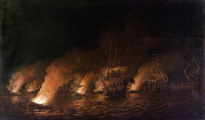 七年戦争」（1756～1763年）：ケベック・シティ（カナダ）沖で夜間にイギリス艦隊を攻撃するフランス軍艦（1759年6月28日 作： Dominic Serres