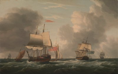 さわやかな風の中、他の船や船舶と一緒に横になっている英国の 2 階建て船 作： Dominic Serres RA