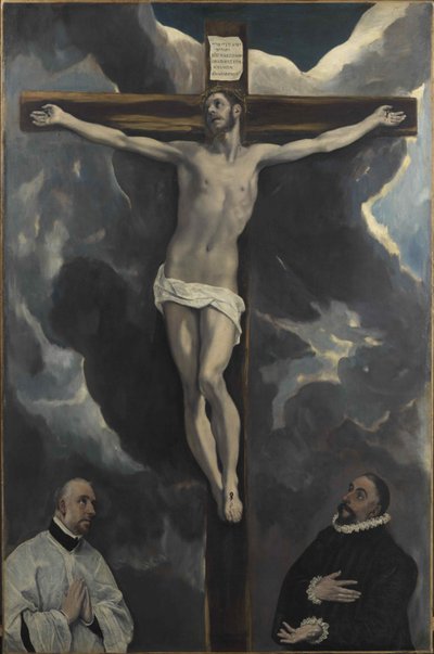 16 世紀末の 2 人のドナーに愛された十字架上のキリスト.. 作： Dominico El Greco