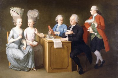 1779年にテーブルに座った2人の娘と2人の息子がいるムッシュルロイのグループの肖像 作： Dominique Doncre