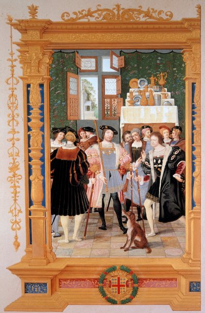 エティエンヌ・ルブラン（1490-1565）がアンヌ・ドゥ・モンモランシー（1493-1567）にキケロンの演説の翻訳を贈る（1531年） - サンクトペテルブルク（ロシア）に保存されている正面図のコピー、ドミニク・アンリ・ギファール（1838-1913）によるガッシュ、19世紀後半 - C 作： Dominique Henri Guifard