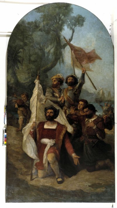 航海士クリストファー・コロンブス（クリストフォロ・コロンボ、クリストバル・コロン）（1451-1506）が1492年に新大陸に到着したときの様子（油彩・キャンバス 作： Dominique Magaud