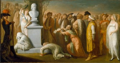 エジプトのキャンペーン（遠征）（1798-1801年）。"The Return of Napoleon Bonaparte (1765-1821) from Egypt in October 1799" エジプトから帰還したナポレオン将軍の勝利を表すアレゴリー的表現で、冠をかぶった大理石の胸像で象徴されている。 作： Dominique Vivant Denon