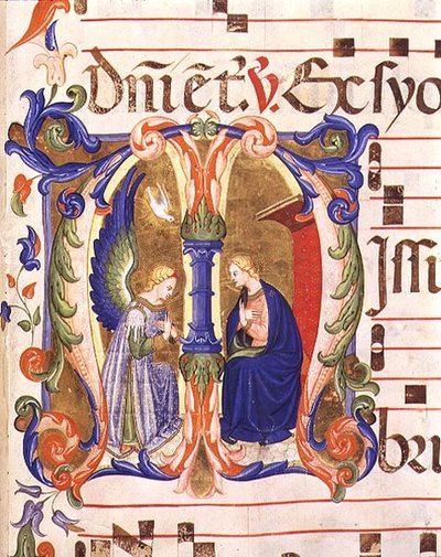 Ms 572 f.147r フィレンツェ、サンタ・マリア・デル・カルミネのアンティフォンからの受胎告知を描いた歴史的なイニシャル「M」（ヴェラム製） 作： Don Simone and school Camaldolese