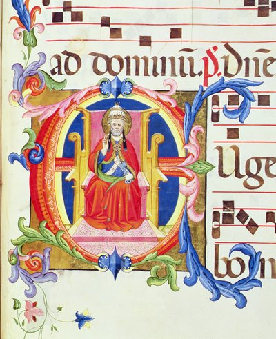 Ms 572 f.125r歴史的に描かれたイニシャル &39;E&39;は、サンタマリアデルカルミネのアンチフォンからローマの最初の司教として聖ペテロを描いたもの 作： Don Simone Camaldolese