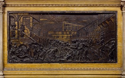 若者の足を直す聖アンソニーを描いたレリーフ ドナテッロ（1386-1466年頃）作 ブロンズ 聖アントニー大聖堂（イタリア、パドヴァ）の聖人祭壇 作： Donatello