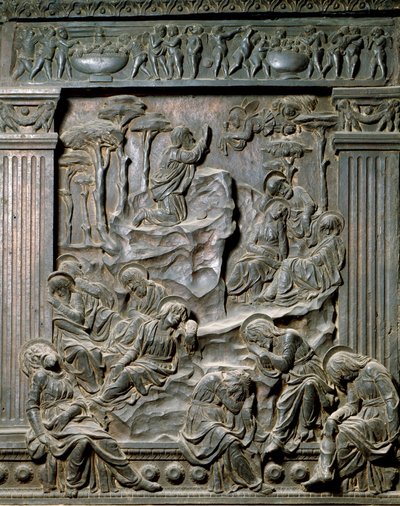 オリーブ山での祈り。左側の椅子の低浮き彫り、1460年頃 作： Donatello