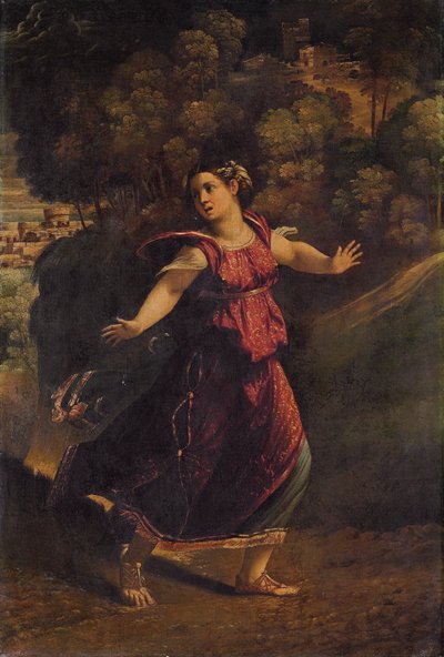 樹木が茂った小道を逃れる女1520年代 作： Dosso Dossi