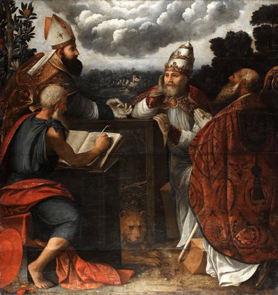 無原罪懐胎に関する4人の教会の父親の紛争、1541年 作： Dosso Dossi