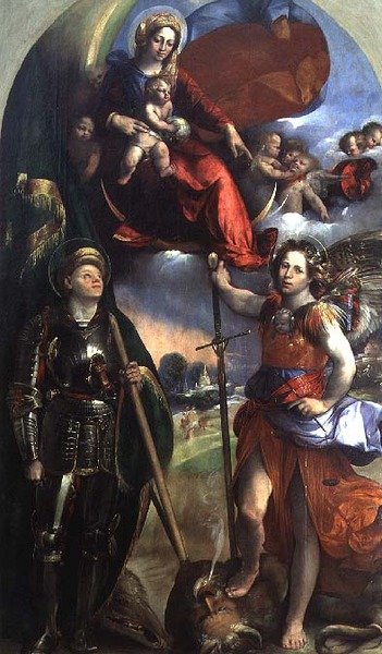 聖母子像と聖ゲオルギウスと聖ミカエル 作： Dosso Dossi