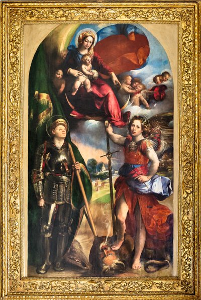 幼児イエスと聖ジョージと聖ミカエルの大天使とマドンナ、1518年頃（パネルに油彩） 作： Dosso Dossi