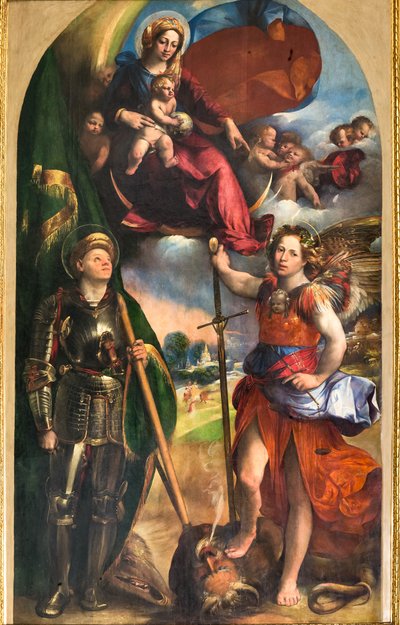 幼児イエスと聖ジョージと聖ミカエルの大天使とマドンナ、1518年頃（パネルに油彩） 作： Dosso Dossi