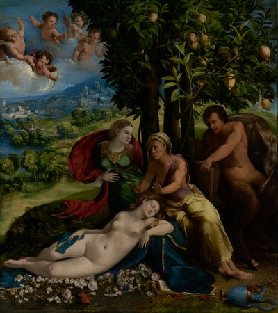 神話のシーン、c.1524（キャンバスに油彩） 作： Dosso Dossi