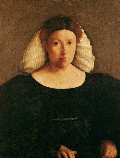 白いヘアネットを持つ女性の肖像画 作： Dosso Dossi