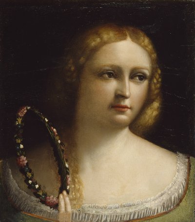 花輪の冠を持つ女性、1520-25 作： Dosso Dossi