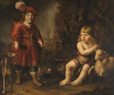 風景の中の 2 人の少年の肖像画、1 人はハンターに扮し、もう 1 人は洗礼者ヨハネに扮した聖者 作： Douwe Juwes de Dowe