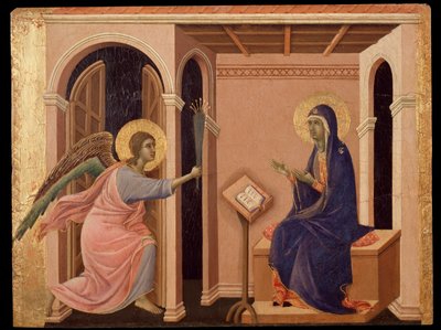 マリアの死の告知マエスタのプレデラ（木にテンペラ 作： Duccio di Buoninsegna