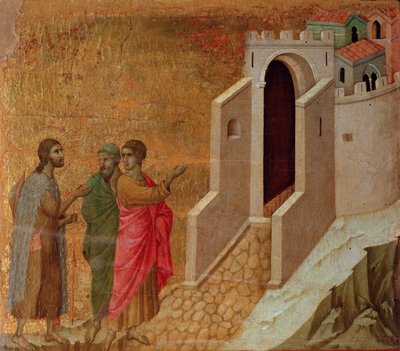 エマオの町の門前でのキリストと巡礼者たち。マエスタの祭壇画（木にテンペラと金彩 作： Duccio di Buoninsegna