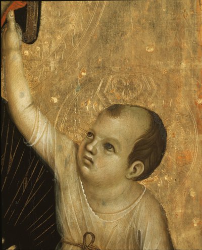 クレヴォレのマドンナ：子供の細部 - パネルにテンペラと金彩 作： Duccio di Buoninsegna