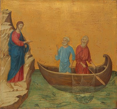 素晴らしい釣り旅行と使徒ピーターとアンドレアスの召し。 1308-11 作： Duccio di Buoninsegna