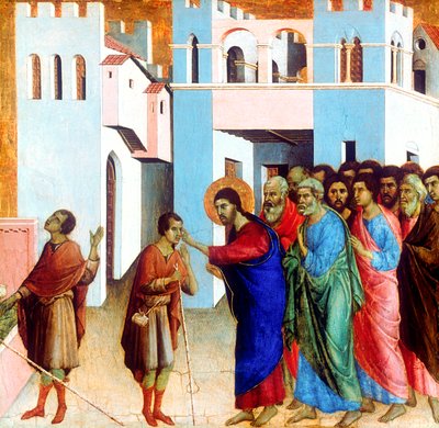 イエスは盲目の生まれた男の目を開ける、1311 作： Duccio di Buoninsegna