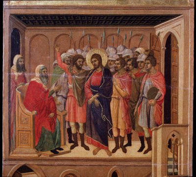 アンナスの前に立つイエスマエスタの祭壇画（木にテンペラと金箔 作： Duccio di Buoninsegna