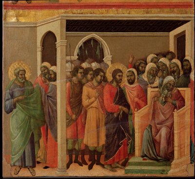 カイアファの前に立つイエスマエスタの祭壇画（木にテンペラと金箔 作： Duccio di Buoninsegna