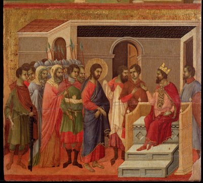 ヘロデの前に立つイエスマエスタの祭壇画（木にテンペラと金箔 作： Duccio di Buoninsegna