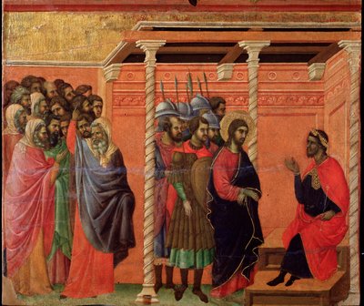 ポンテオ・ピラトの前に立つイエス。マエスタ祭壇画（木にテンペラと金彩 作： Duccio di Buoninsegna