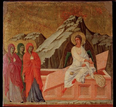 受難：墳墓のマリアたち。マエスタの祭壇画（木にテンペラと金彩 作： Duccio di Buoninsegna