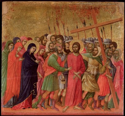 受難：カルバリーへの登攀。マエスタの祭壇画（木にテンペラと金箔 作： Duccio di Buoninsegna