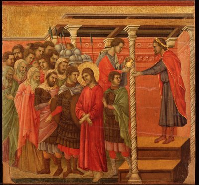 手を洗うポンテオ・ピラト。マエスタ祭壇画（木にテンペラと金彩 作： Duccio di Buoninsegna