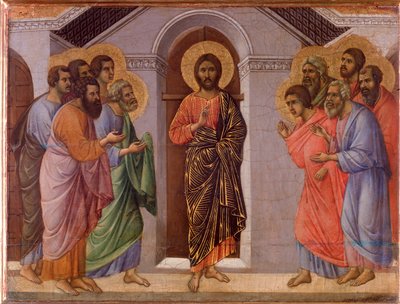 復活したイエスが使徒たちの前に現れる。マエスタの祭壇画（木にテンペラと金彩 作： Duccio di Buoninsegna