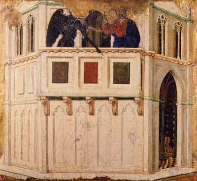 神殿の誘惑」、シエナ大聖堂のドゥッチョ祭壇画「メエスタ」のプレデラの細部 作： Duccio di Buoninsegna