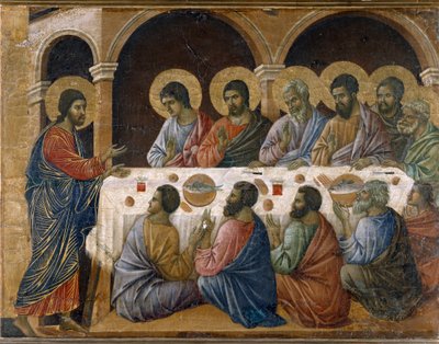 キリストの受難 - 祭壇画の背面。パネルに油彩 作： Duccio di Buoninsegna