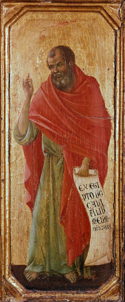 預言者ホセ・デトレンペ」木版画 ドゥッチョ・ディ・ブオンインセーニャ（1255-1318/9） 1308-1311 サイズ 42.5x16 cm シエナ、メトロポリタン・オペラ美術館所蔵 作： Duccio di Buoninsegna