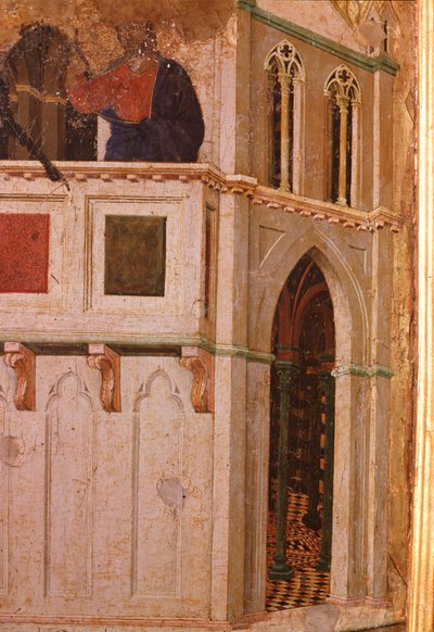 神殿での誘惑」詳細。マエスタの祭壇画（木にテンペラと金箔 作： Duccio di Buoninsegna