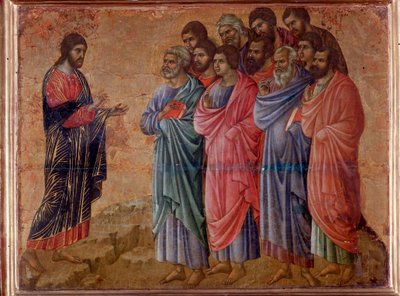 ガリラヤの山中での復活したキリストの出現。マエスタの祭壇画（木にテンペラと金箔 作： Duccio di Buoninsegna