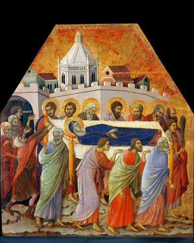 聖母の葬儀、手のひらを持つ聖ヨハネが道を開く（木にテンペラ 作： Duccio di Buoninsegna