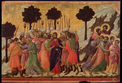 ユダの口づけとイエスの捕縛。マエスタ祭壇画（木にテンペラ 作： Duccio di Buoninsegna