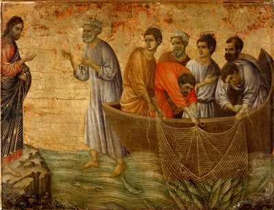 第二の奇跡的な罪：ティベリヤ湖でのキリストの使徒への出現 作： Duccio di Buoninsegna