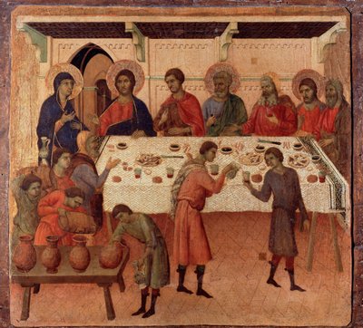 カナの婚礼。祭壇画の裏面（木地にテンペラと金彩 作： Duccio di Buoninsegna