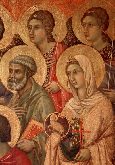 玉座の聖母子、聖ペテロと聖アグネスの詳細（ラ・メエスタ）（木にテンペラと金箔 作： Duccio di Buoninsegna