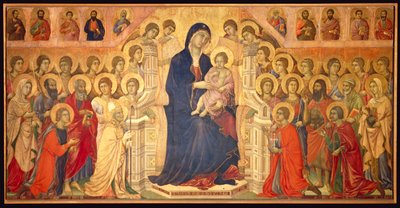 天使と聖人に囲まれて子供を抱く聖母（メエスタの中央パネル 作： Duccio di Buoninsegna