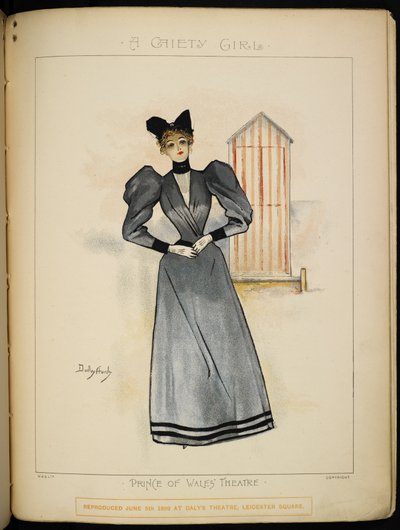 浜辺の可動更衣室にいる女性キャラクター。 作： Dudley Hardy