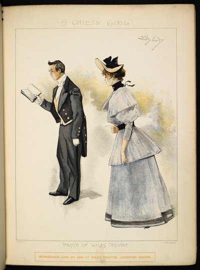 2 つの文字。 本を読む男性と女性。 作： Dudley Hardy