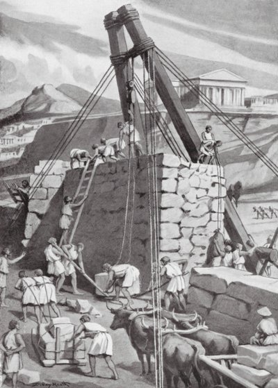 アテネの城壁再建、紀元前393年（リトグラフ） 作： Dudley Heath