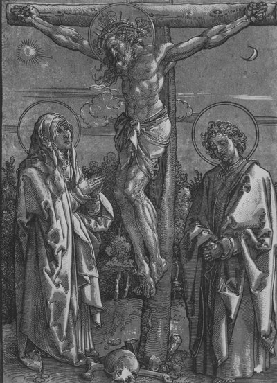 処女と聖ヨハネと十字架上のキリスト、1500-1550。 作： Dürer School.