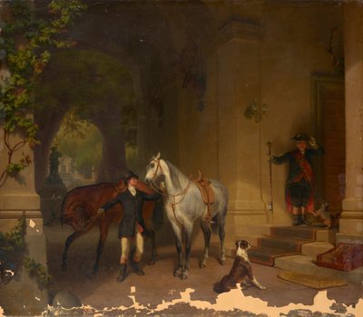 城の前に 2 頭の馬を持つライダー 作： Düsseldorfer Maler um 1850